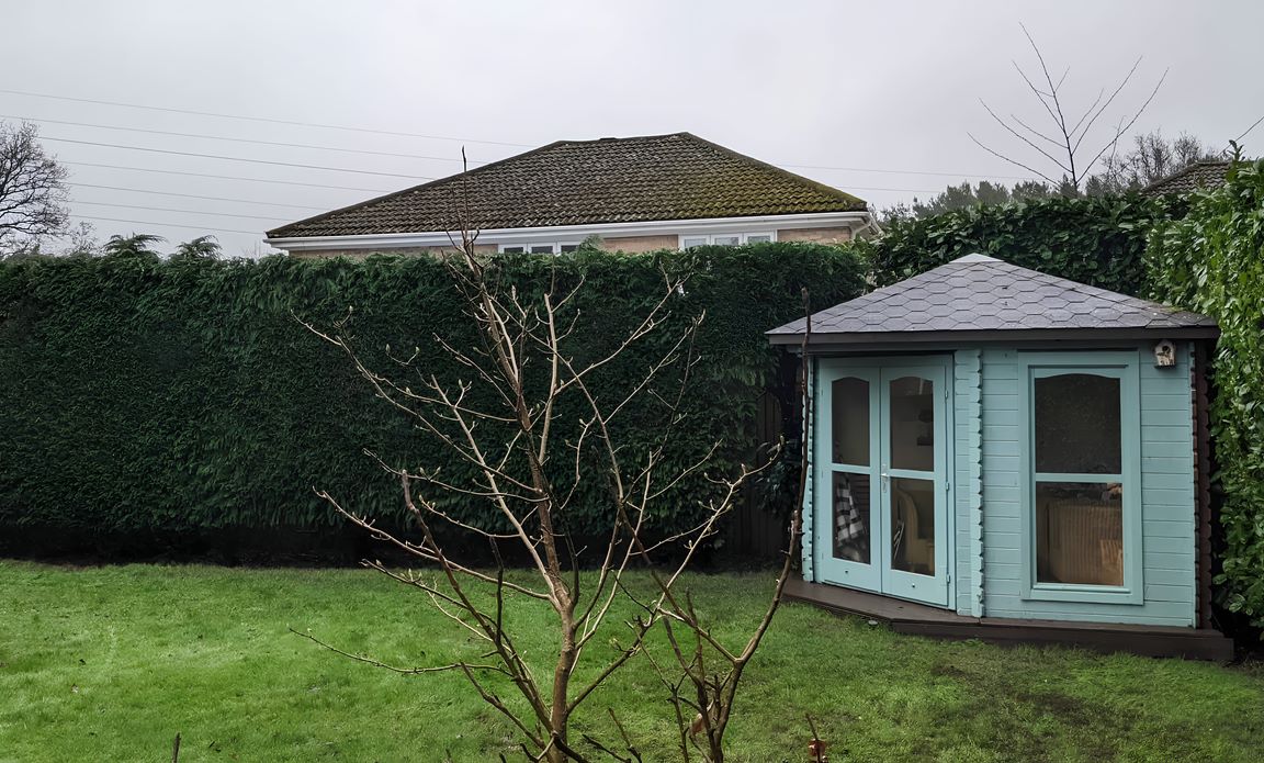 Blue shed in autumn garden