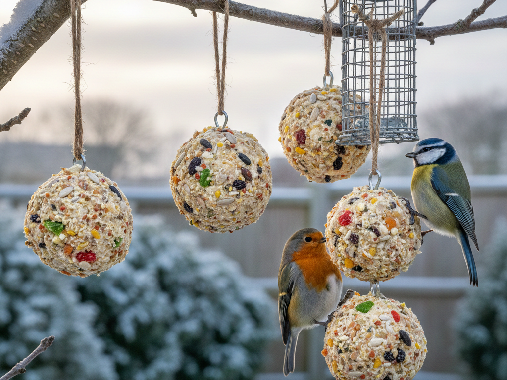 Birds feeding on suet balls