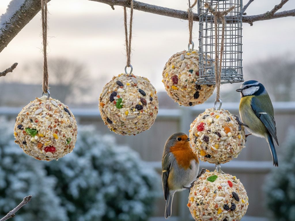 Birds at bird feeder in winter