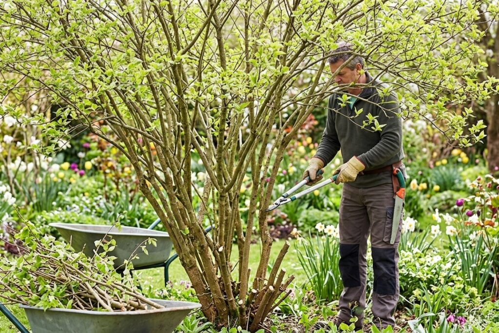 Gardener carrying out spring pruning on an established evergreen shrub as part of professional garden maintenance