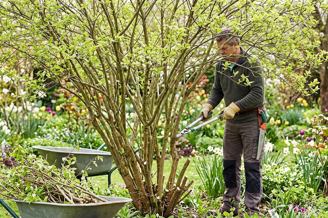 Gardener carrying out spring pruning on an established evergreen shrub as part of professional garden maintenance