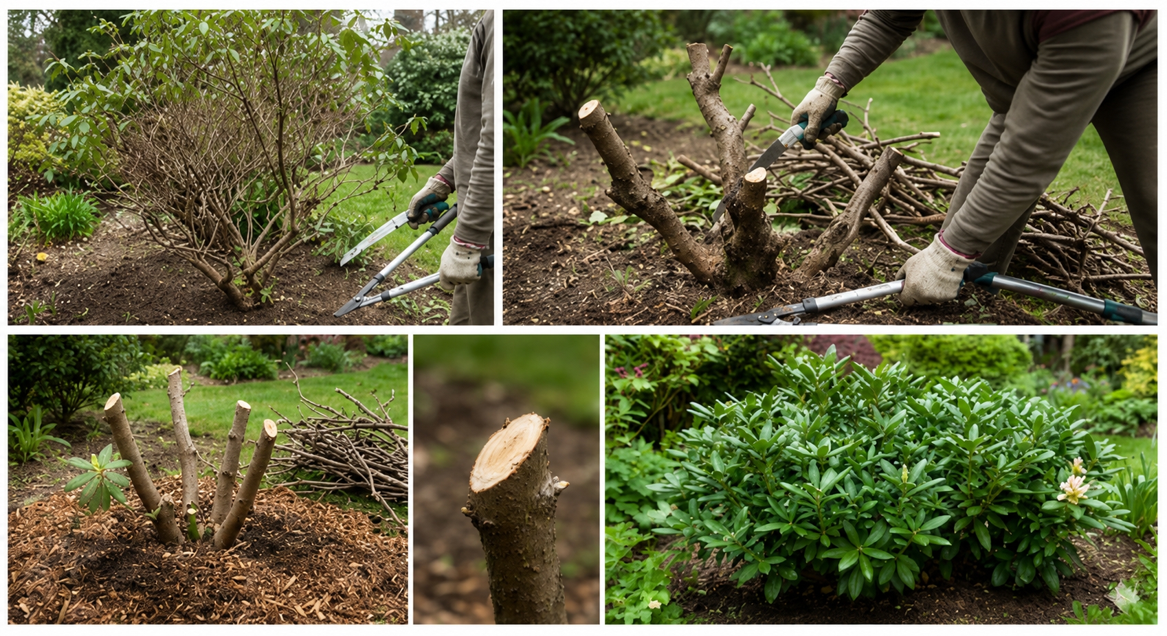 Before, during, and after stages of evergreen shrub renovation pruning showing hard pruning techniques and healthy regrowth one year later