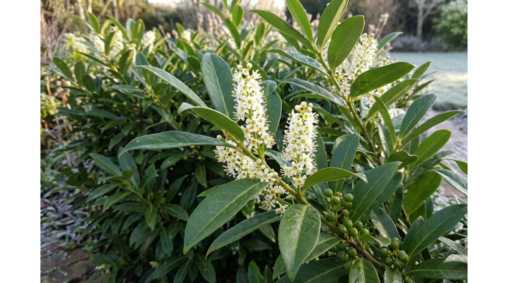 Sarcococca evergreen shrub with fragrant white flowers and glossy green foliage in a spring garden