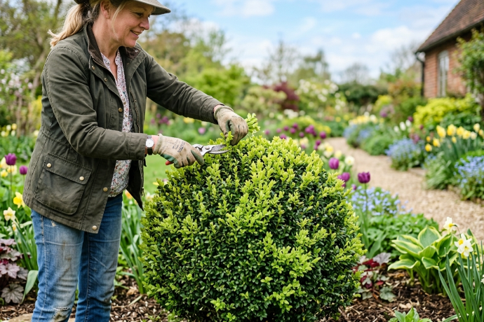 Professional gardener pruning an evergreen shrub during spring garden maintenance in a landscaped Dorset garden